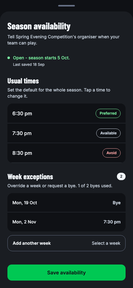 TurnUp companion app season availability screen with preferred times, week exceptions and clash controls