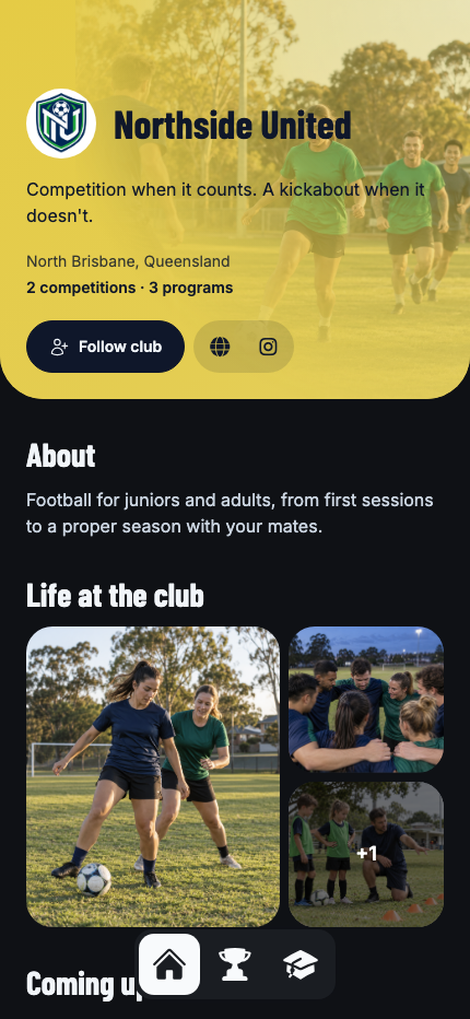 TurnUp companion app club screen with a branded club profile, gallery and upcoming activity