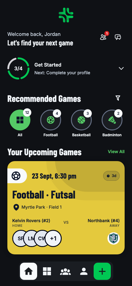 TurnUp companion app home screen with recommended sports and an upcoming club fixture
