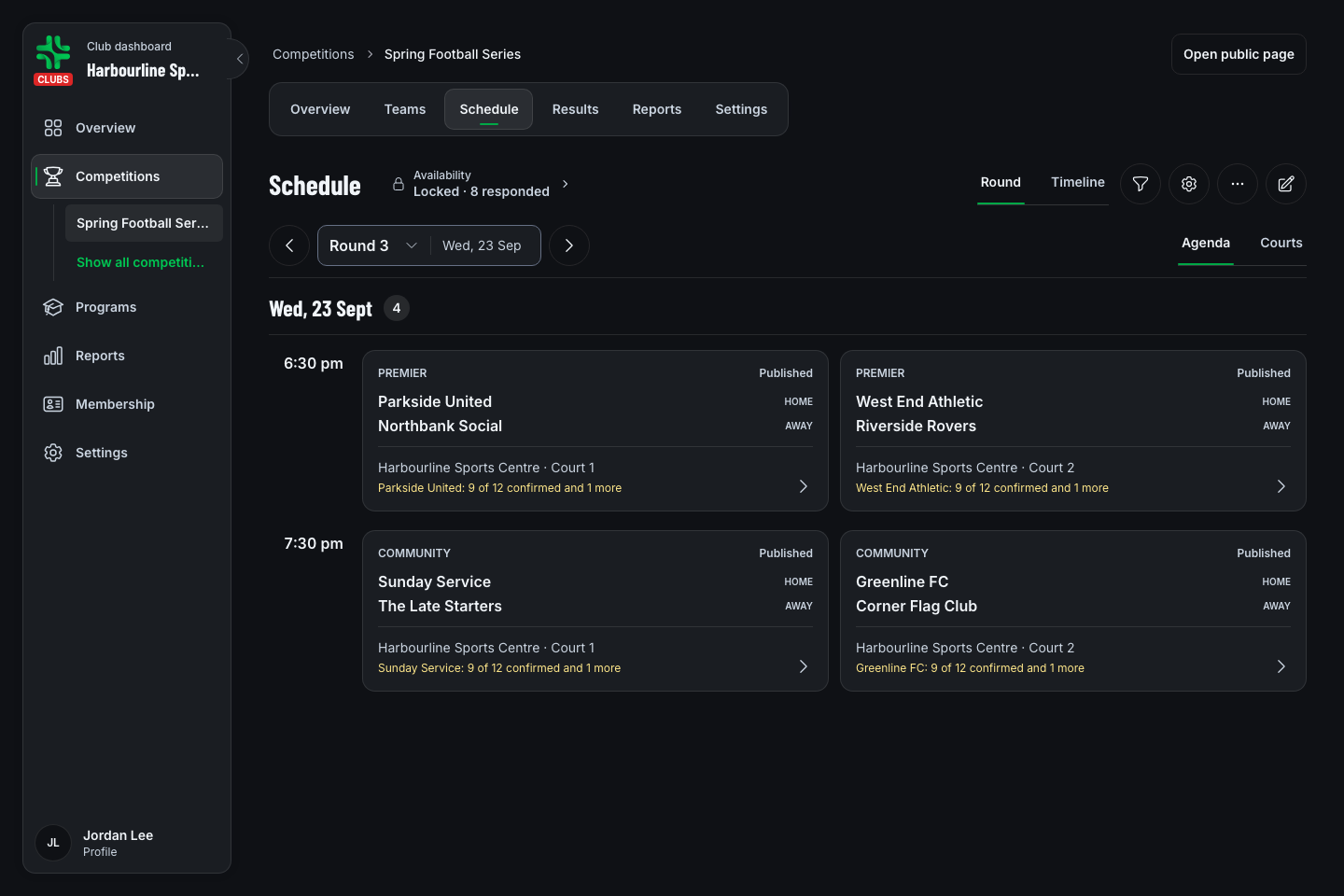 TurnUp organiser Schedule workspace with a published round and four fixtures
