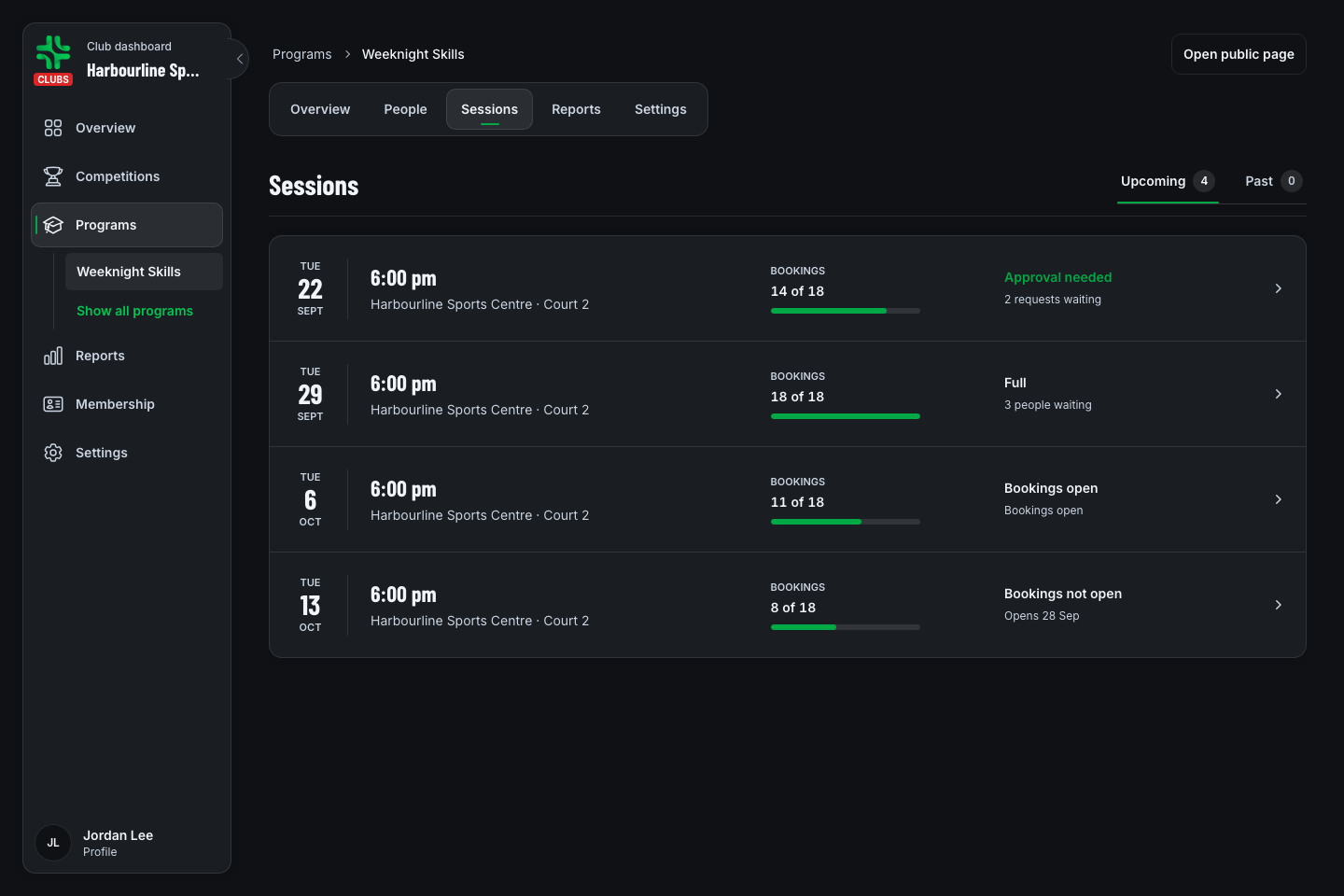 TurnUp organiser Sessions workspace with bookings, waitlists and approval status