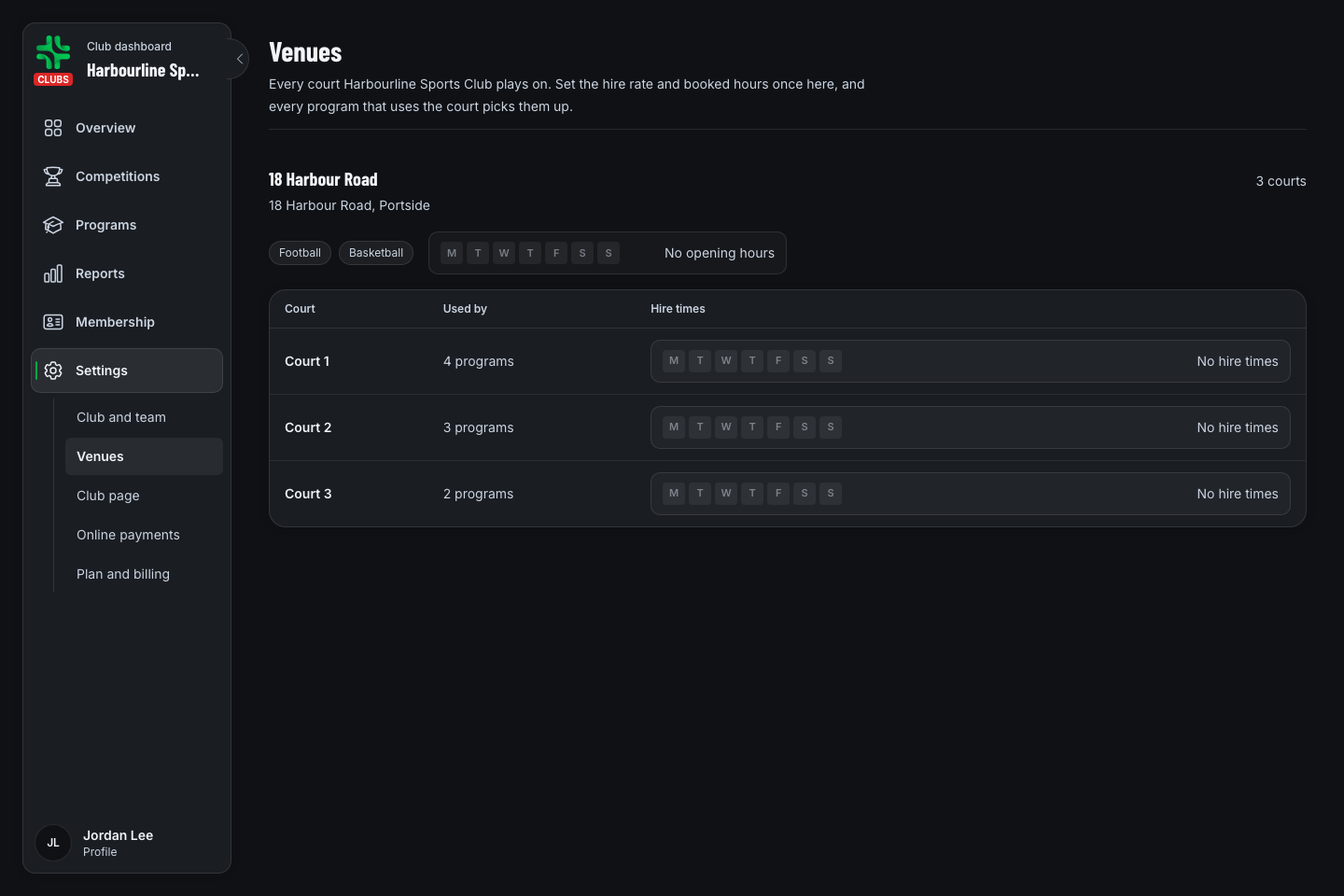TurnUp organiser Venues workspace with courts, sports and usage