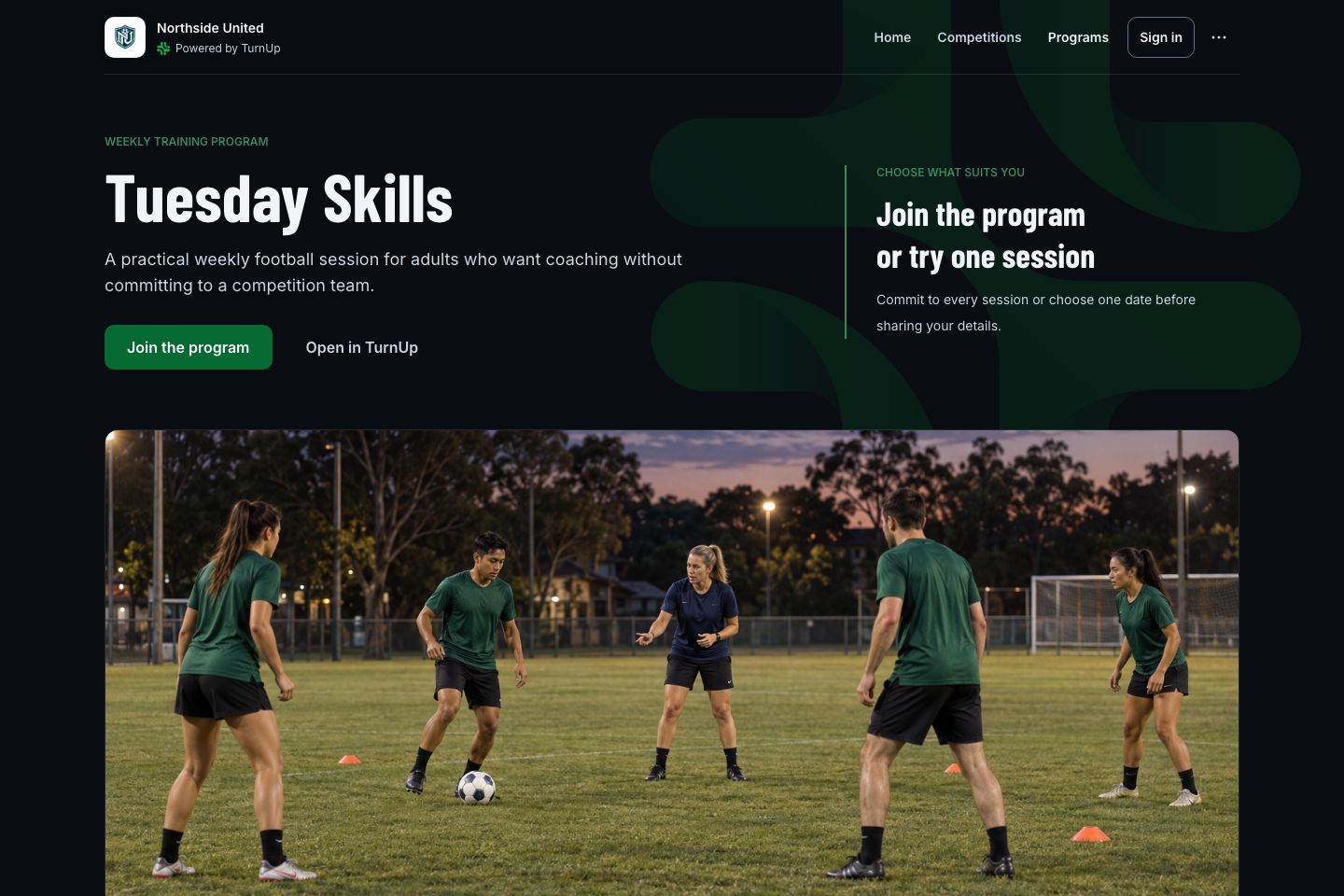 A public TurnUp program page with schedule, place options and joining information